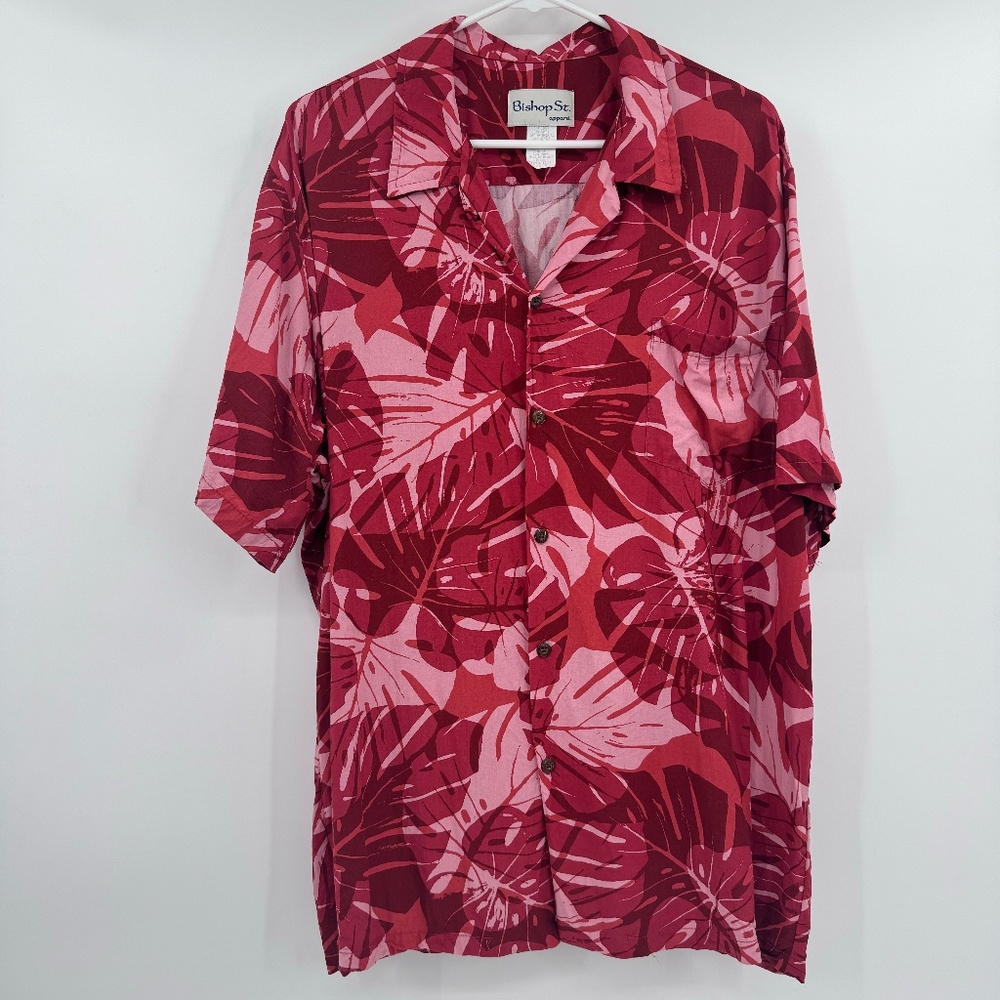 Bishop St Apparel Hawaiian Shirt Men XL Red Button Up Tropical Vintage Rayon